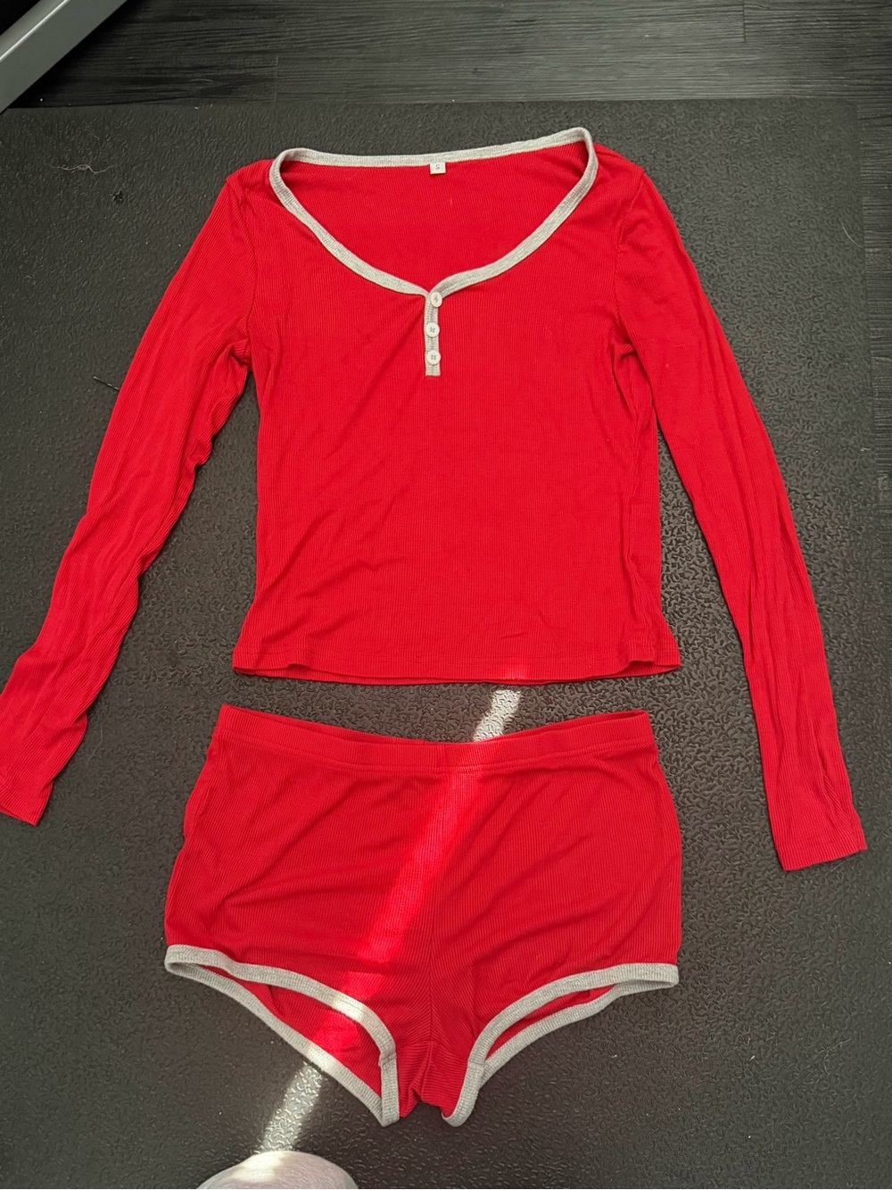 Women’s Red Long-Sleeve Henley Top & Shorts Sleep Set